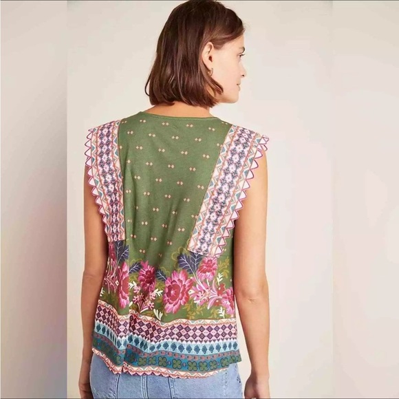 Anthropologie olive green and pink floral boho v neck tank top blouse - Picture 2 of 6